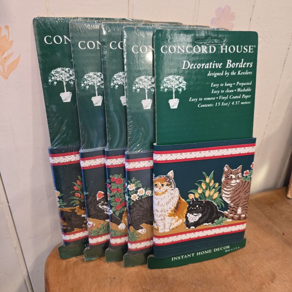 Vintage Prepasted Cat Decorative Borders 75 Feet Green Concord House Cottagecore